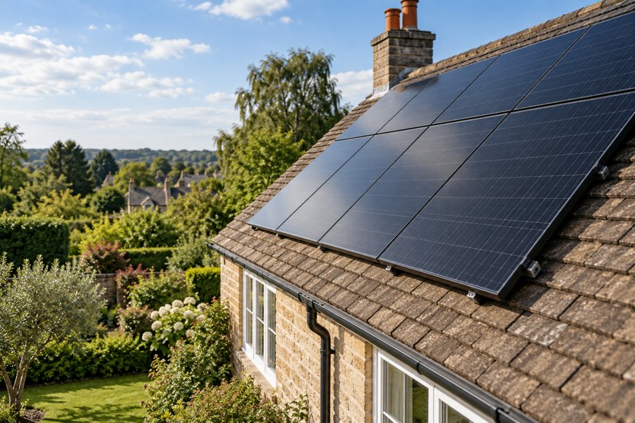 Illustrative solar panels on an English house roof