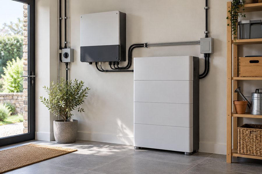 Illustrative home battery and inverter in a utility room